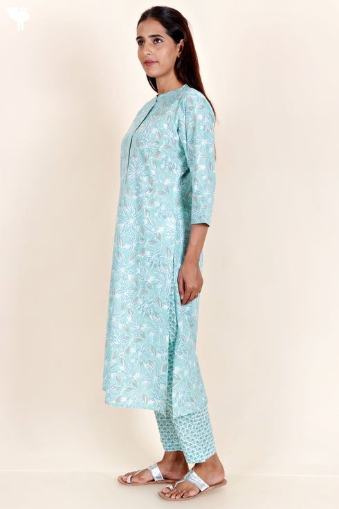 Cambric Cotton Kurta And Pant Set With Kota Dupatta In Block Print